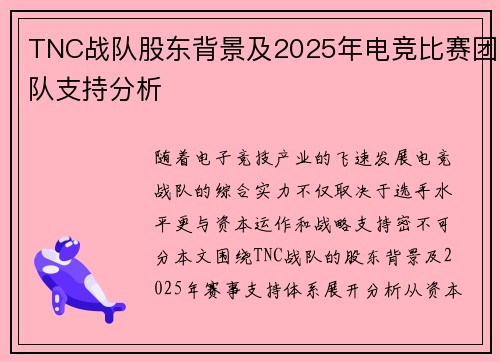 TNC战队股东背景及2025年电竞比赛团队支持分析