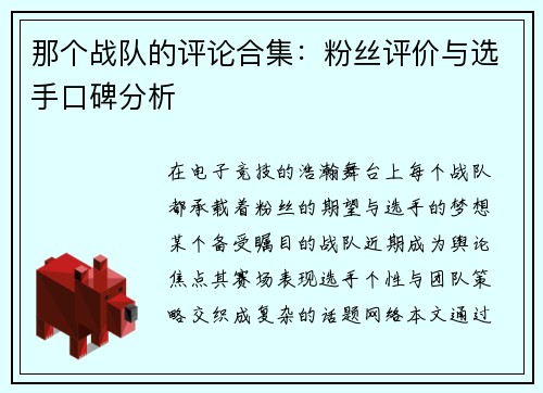 那个战队的评论合集：粉丝评价与选手口碑分析